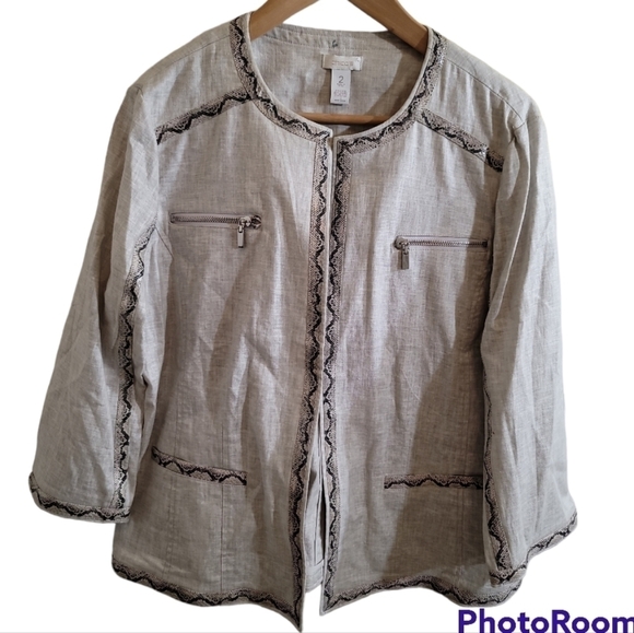 Chico's Linen Blend Jacket with Snake Trim 2 Large - Picture 1 of 6